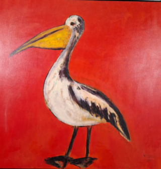 Acryl schilderij op doek, Maya Wildevuur, Pelikaan, 2001